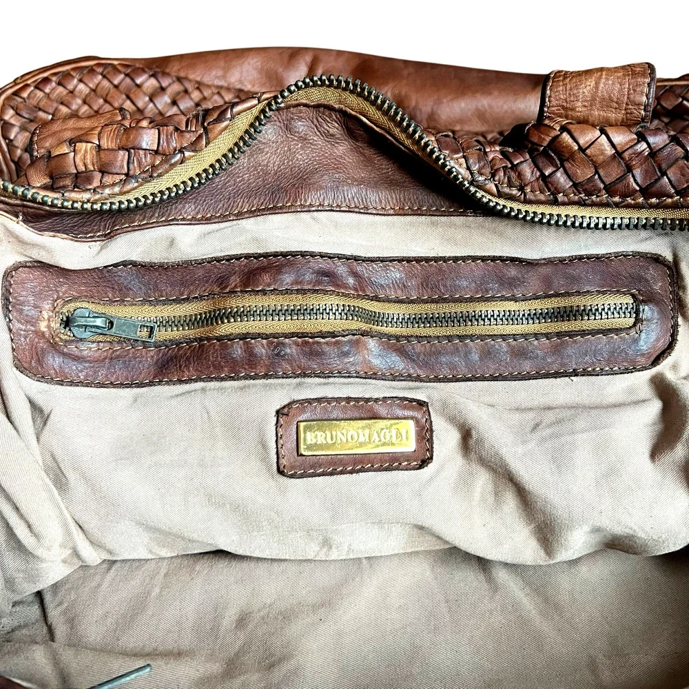Bruno Magli Brown Woven Leather Duffle Satchel Travel Bag Made Italy Y2K